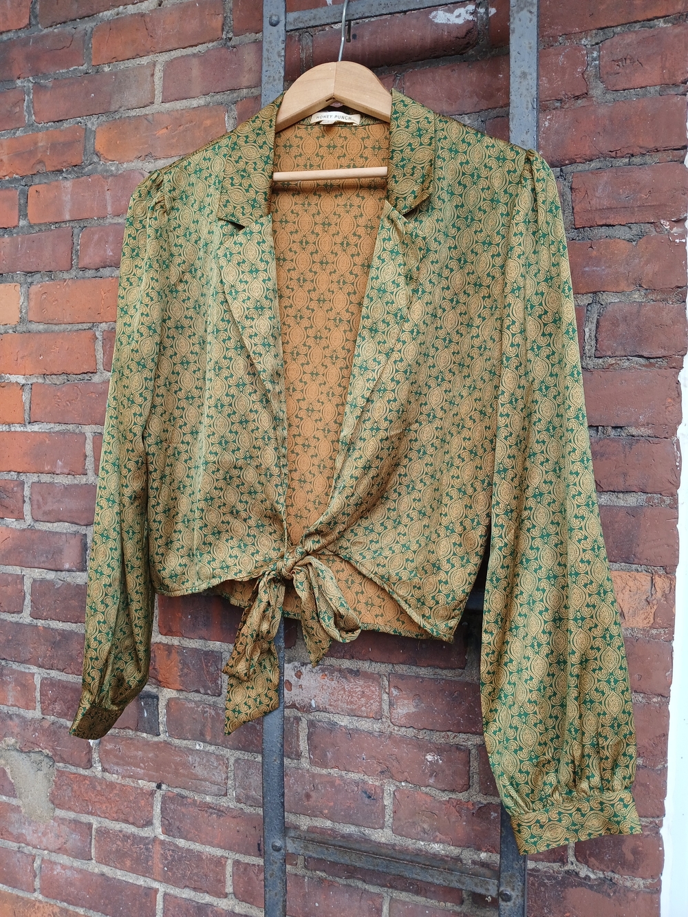 Woven Green Patterned Tie-Front Blouse
